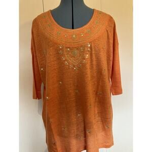 J Jill Love Linen Orange Sunset Embellished Linen Tee Shirt Top Size S